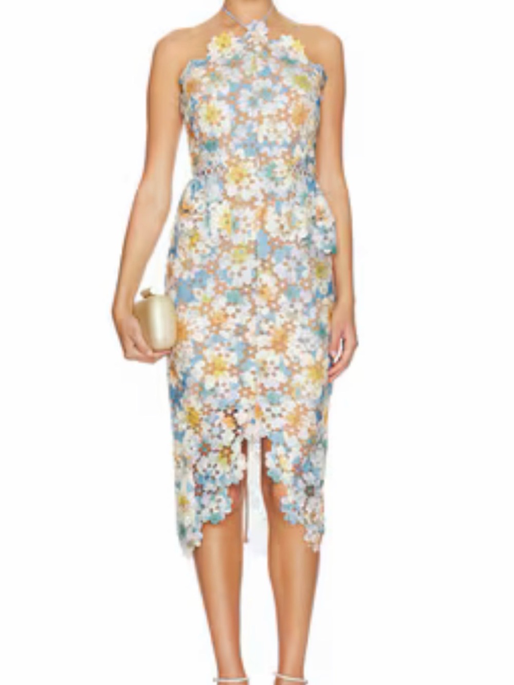 Elliatt Floral Lace Pencil Dress in Pastel Blue with Yellow and White